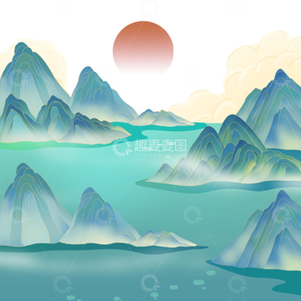 源文件下载【趣麦麦图】中国风水墨山水日出元素