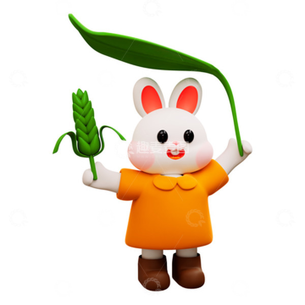 源文件下载【趣麦麦图】3D卡通谷雨拿着麦子和树叶伞的兔子