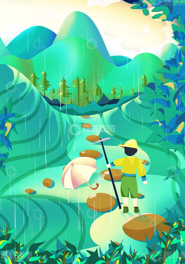 源文件下载【趣麦麦图】谷雨手绘农民农忙耕种插画