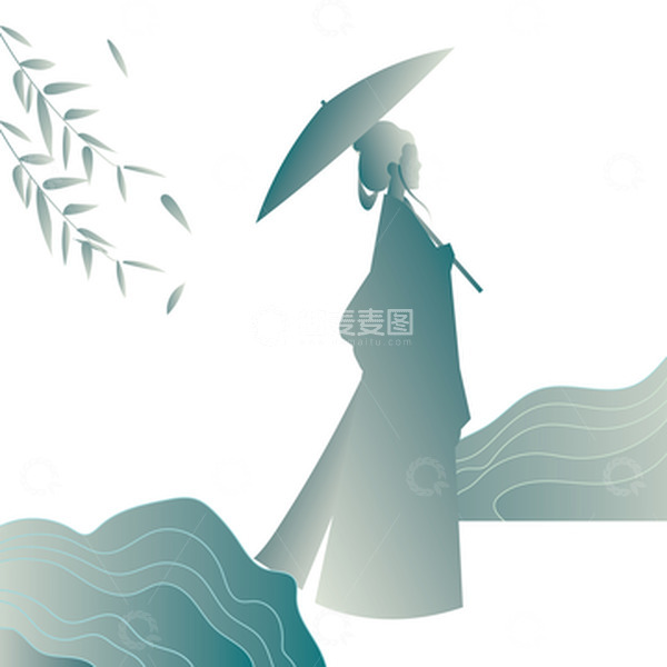 源文件下载【趣麦麦图】-青绿色清明节撑伞的古风渐变女人背影素材