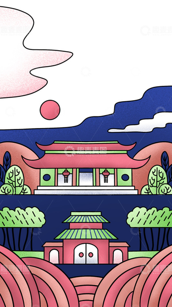 源文件下载【趣麦麦图】时尚建筑谷雨海报手绘插画