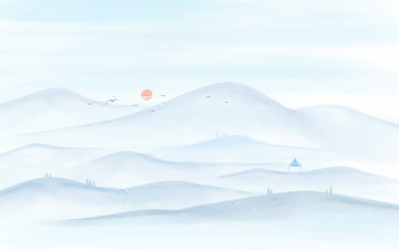 中国风山水亭子水墨古风唯美山水海报背景