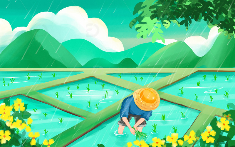 手绘卡通春天谷雨插秧人物背景插画
