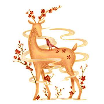 鹿,梅花,梅花鹿,鸟,国风,花,装饰元素