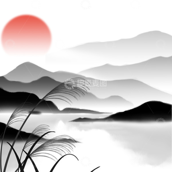 源文件下载【趣麦麦图】-国风山水水墨日出元素