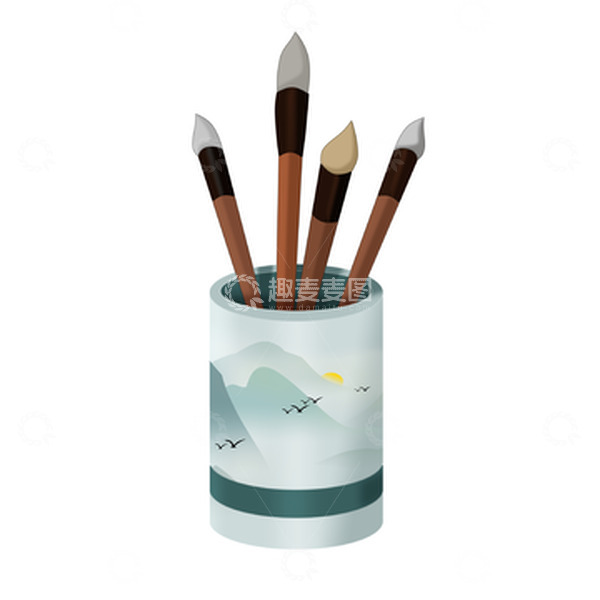 源文件下载【趣麦麦图】-书法毛笔中国风山水笔筒学习用品