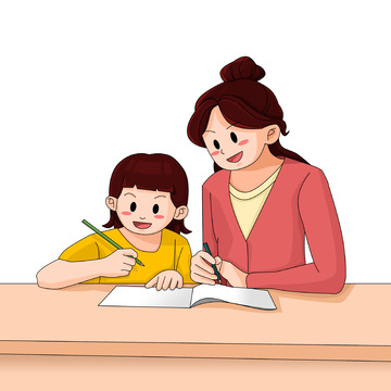 老师母亲辅导教育学生孩子学习场景卡通元素