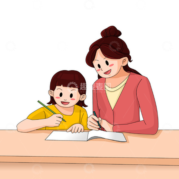 老师母亲辅导教育学生孩子学习场景卡通元素