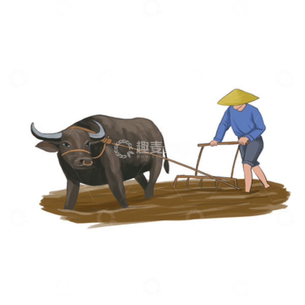 源文件下载【趣麦麦图】-谷雨春耕手绘耕牛犁地