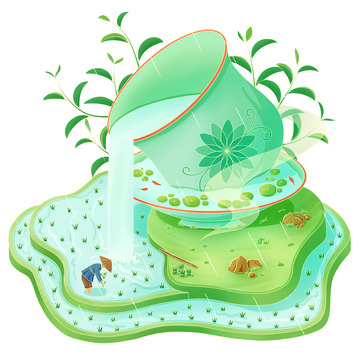 谷雨插秧耕种春种细雨茶杯茶叶创意手绘元素