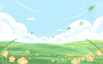 手绘春游踏春小清新蓝天白云草地背景
