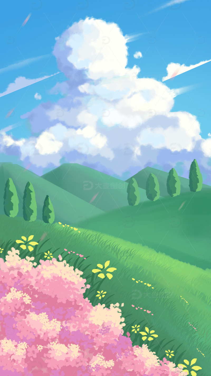 手绘治愈系春天樱花山坡踏青出游背景