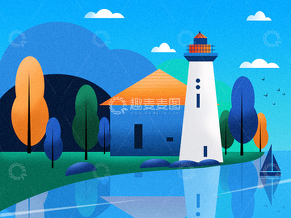 源文件下载【趣麦麦图】灯塔，手绘，卡通