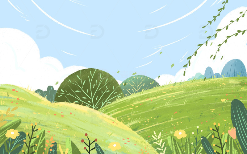 手绘小清新春天谷雨立夏柳条踏青插画背景