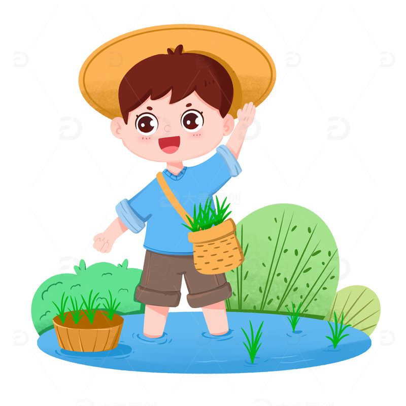带斗笠的男人在谷雨节气插秧元素