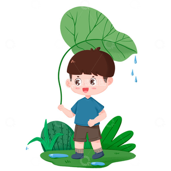 源文件下载【趣麦麦图】男孩在下雨天拿着叶子挡雨免抠元素