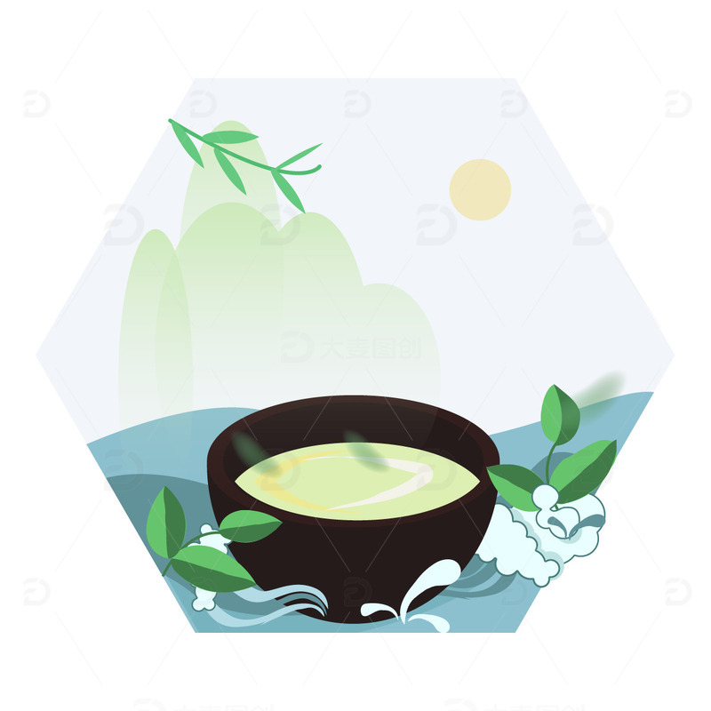 源文件下载【趣麦麦图】春雨喝茶绿叶飘落