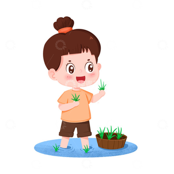 源文件下载【趣麦麦图】黄衣女孩在谷雨节气田里插秧元素