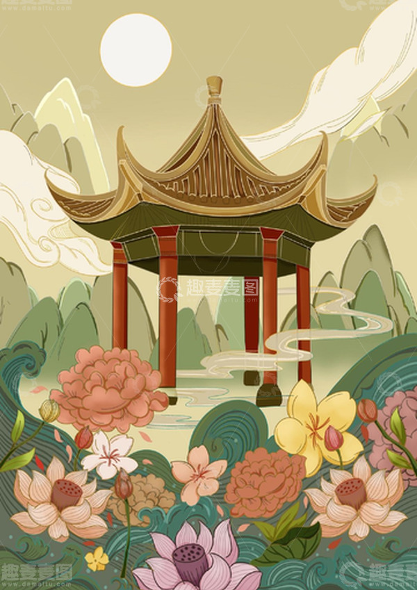 源文件下载【趣麦麦图】中国风国潮线条山脉祥云凉亭装饰插画