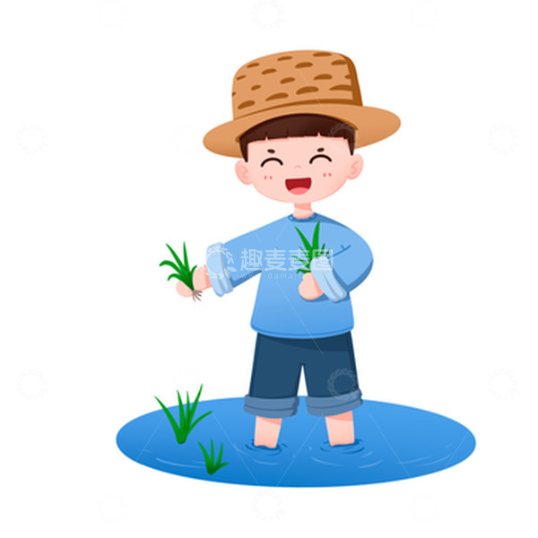 源文件下载【趣麦麦图】男孩在田里插秧种水稻免抠元素