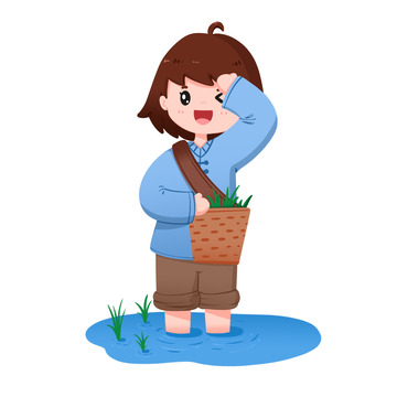 手绘女孩插秧擦汗免抠元素