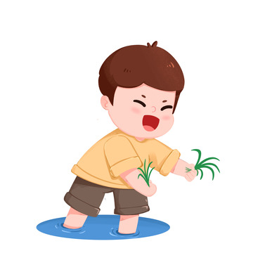 谷雨节气男孩弯腰插秧免抠元素