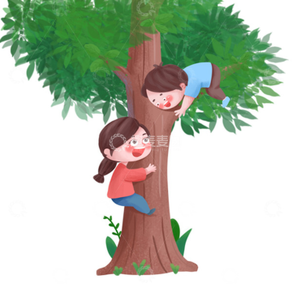 源文件下载【趣麦麦图】手绘卡通男孩女孩爬树玩耍
