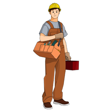 背工具包拿工具箱戴安全帽的建筑工人