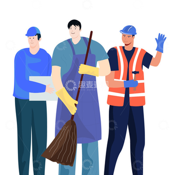 源文件下载【趣麦麦图】劳动节卡通人物 建筑工人 清洁工打扫卫生