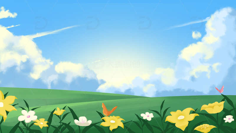 手绘治愈系春天踏青出游背景