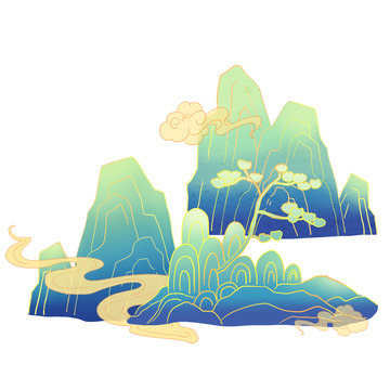 山水青绿山水国潮山水云朵青松