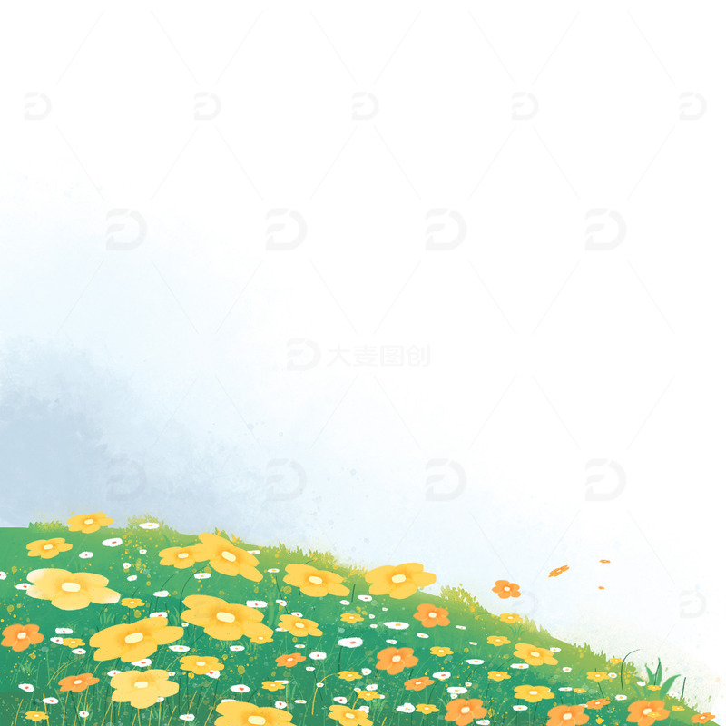 绿色小清新春天草坪草地风景手绘装饰插画