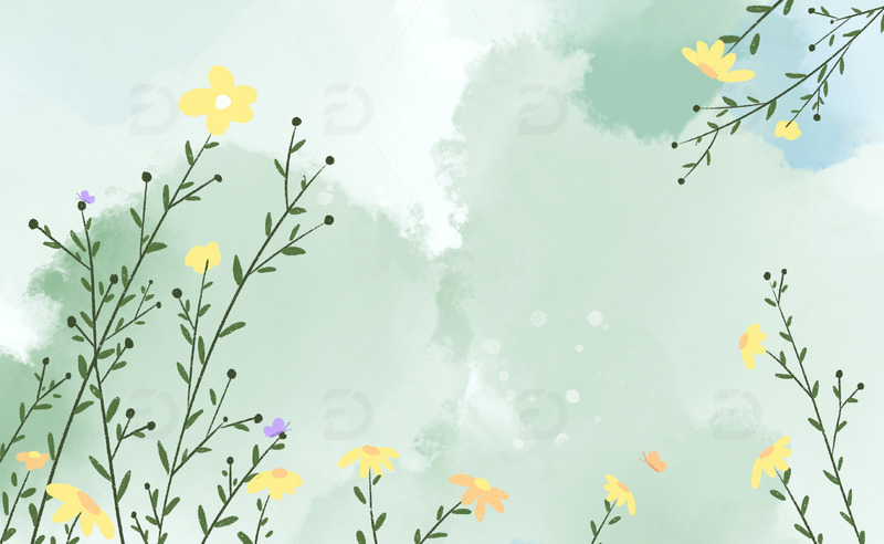 手绘春天水彩花朵绿植蝴蝶背景