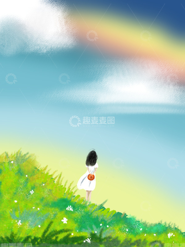 源文件下载【趣麦麦图】山坡上吹风的女孩背影