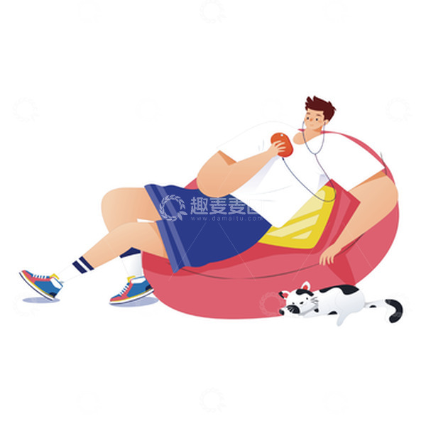 源文件下载【趣麦麦图】躺沙发听音乐休闲放松惬意人物猫咪矢量图