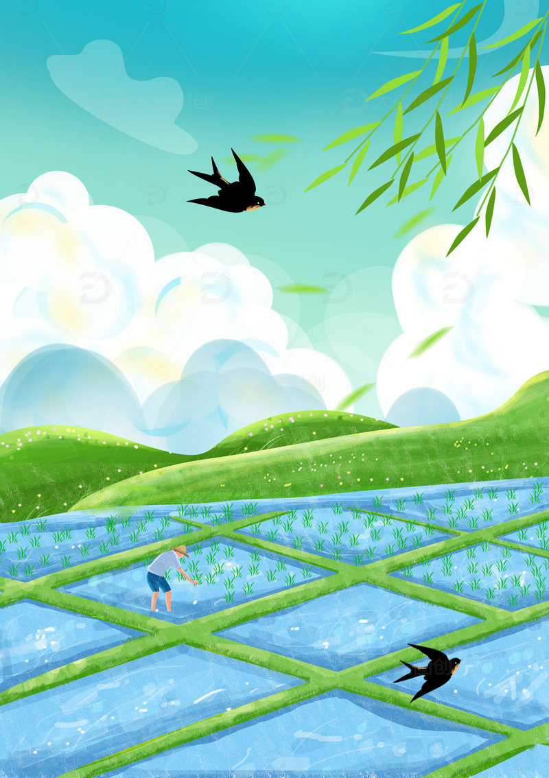 源文件下载【趣麦麦图】谷雨节气山水稻田地农民插秧播种下雨