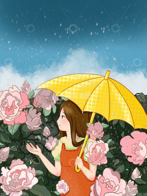 源文件下载【趣麦麦图】谷雨细雨打伞雨场景少女鲜花花丛手绘图