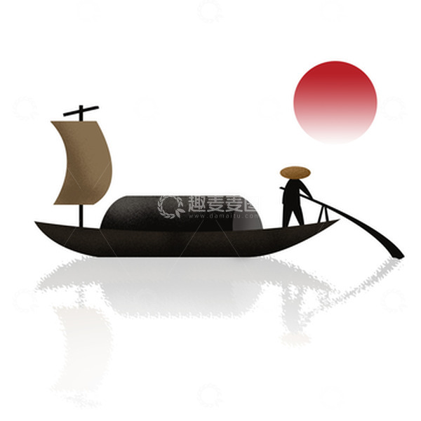 源文件下载【趣麦麦图】-水墨小船日出划船元素