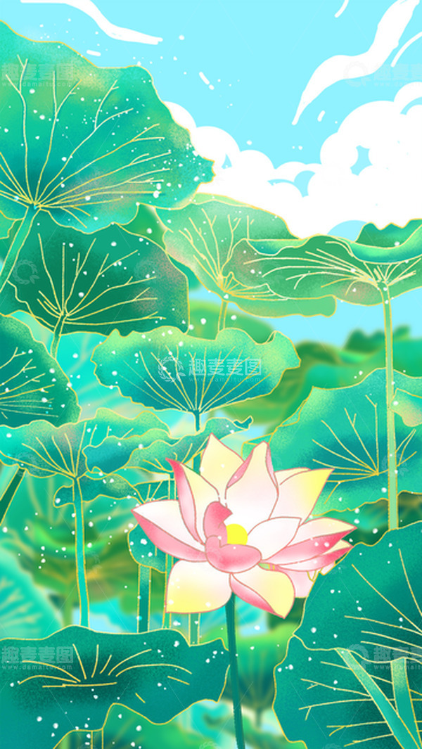 源文件下载【趣麦麦图】谷雨手绘国潮绿色植物花卉夏天荷花荷叶素材