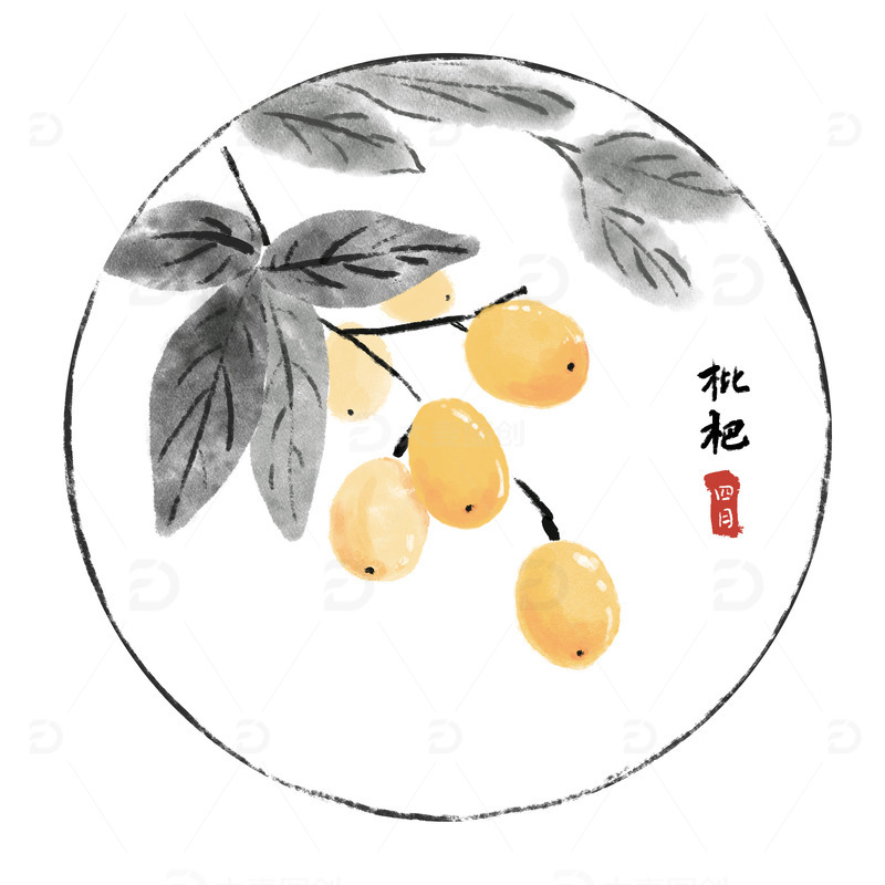 手绘水墨枇杷国画