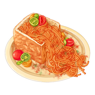 手绘扁平风意面面包西红柿食物插画元素