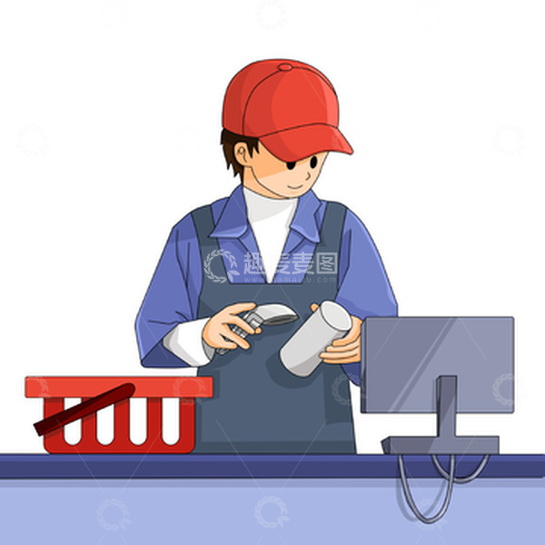 源文件下载【趣麦麦图】超市正在扫码工作中的卡通收银员