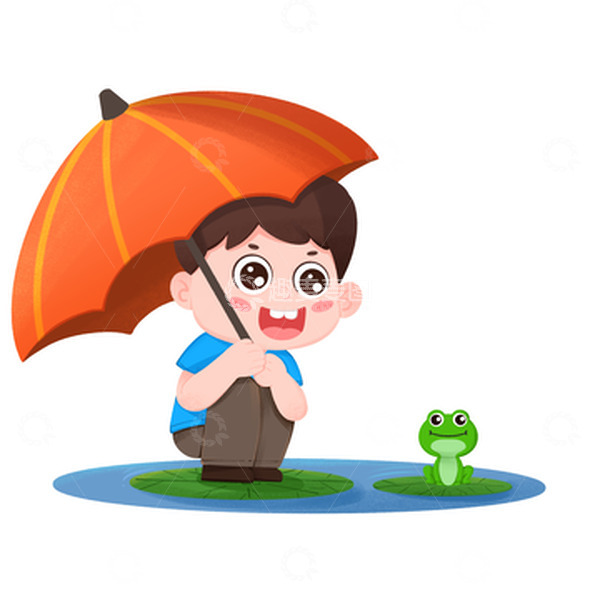 源文件下载【趣麦麦图】谷雨节气男孩撑伞在池塘观察小青蛙