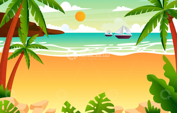 源文件下载【趣麦麦图】海边大海度假轮船椰树沙滩
