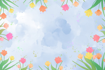 水彩天空中心构图花花草草小清新手绘背景