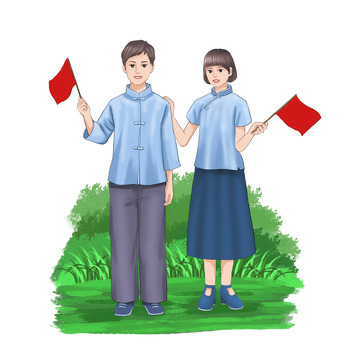 手绘五四青年节学生红旗