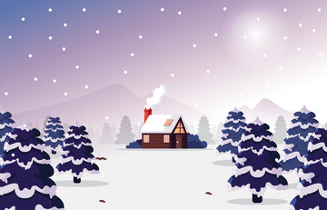冬天冬季积雪雪花松树房屋烟囱