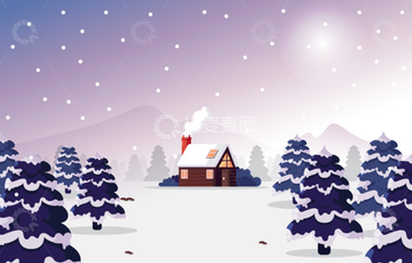 源文件下载【趣麦麦图】-冬天冬季积雪雪花松树房屋烟囱