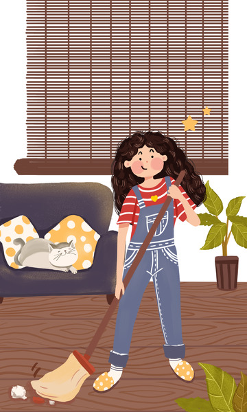 手绘插画女孩劳动最光荣