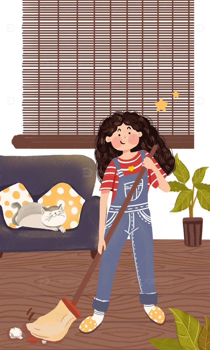 手绘插画女孩劳动最光荣